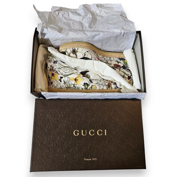 Gucci - Floral Canvas & Peep Toe Wedge Espadrilles w/ Box, Size EU 36 or US 5.5 - Picture 13 of 14